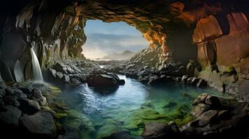 schön Aussicht von ein Wasserfall im ein Höhle foto