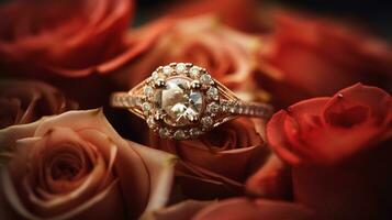 fotografieren ein elegant Engagement Ring mit ein strahlend Topas eingebettet innerhalb ein Bett von Rosen. generativ ai foto