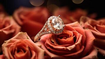 fotografieren ein elegant Engagement Ring mit ein strahlend Topas eingebettet innerhalb ein Bett von Rosen. generativ ai foto