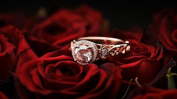 fotografieren ein elegant Engagement Ring mit ein strahlend Onyx eingebettet innerhalb ein Bett von Rosen. generativ ai foto