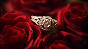 fotografieren ein elegant Engagement Ring mit ein strahlend Jade eingebettet innerhalb ein Bett von Rosen. generativ ai foto