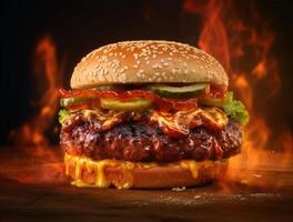 Vorderseite Aussicht lecker Fleisch Burger mit Käse und Salat auf dunkel Hintergrund ai generiert foto