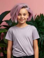 Mädchen tragen grau T-Shirt zum Attrappe, Lehrmodell, Simulation Design ai generiert foto