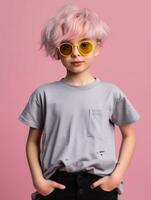 Mädchen tragen grau T-Shirt zum Attrappe, Lehrmodell, Simulation Design ai generiert foto