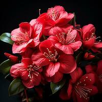 schließen oben von rot Bougainvillea Blume auf dunkel Hintergrund. ai generiert foto