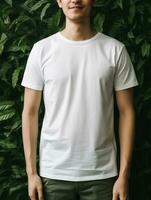 Männer leer Weiß T-Shirt zum Attrappe, Lehrmodell, Simulation Design ai generativ foto