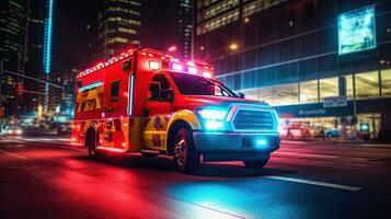 ein medizinisch Notfall Krankenwagen Fahren während der Verkehr Marmelade auf Stadt Straße. eilen Stunde Konzept. Krankenwagen. generativ ai foto