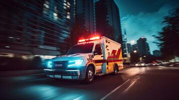 ein medizinisch Notfall Krankenwagen Fahren während der Verkehr Marmelade auf Stadt Straße. eilen Stunde Konzept. Krankenwagen. generativ ai foto