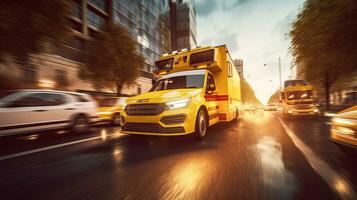 ein medizinisch Notfall Krankenwagen Fahren während der Verkehr Marmelade auf Stadt Straße. eilen Stunde Konzept. Krankenwagen. generativ ai foto