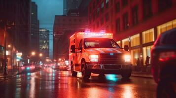 ein medizinisch Notfall Krankenwagen Fahren während der Verkehr Marmelade auf Stadt Straße. eilen Stunde Konzept. Krankenwagen. generativ ai foto