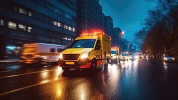 ein medizinisch Notfall Krankenwagen Fahren während der Verkehr Marmelade auf Stadt Straße. eilen Stunde Konzept. Krankenwagen. generativ ai foto