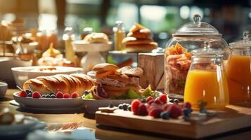 Buffet Konzept, Frühstück Zeit im Luxus Hotel, Brunch mit Familie im Restaurant. generativ ai foto