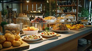 Buffet Konzept, Frühstück Zeit im Luxus Hotel, Brunch mit Familie im Restaurant. generativ ai foto