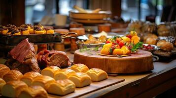 Buffet Abendessen, öffnen Buffet mit ein sehr köstlich Sorten von Grill , Gebäck , Nachspeisen. generativ ai foto