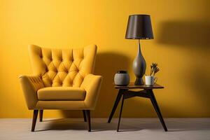 ein getuftet Sessel und Kaffee Tabelle mit Lampe in der Nähe von Gelb Mauer. Innere Design von modern Leben Zimmer. Innere Möbel. generativ ai foto