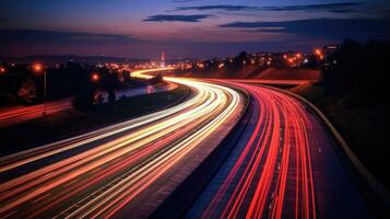 ein lange Exposition Foto, Bewegung verwischen von ein Autobahn beim Nacht. generisch ai foto