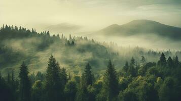 neblig Landschaft mit Tanne Wald im Jahrgang retro Stil, Natur Hintergrund. generisch ai foto