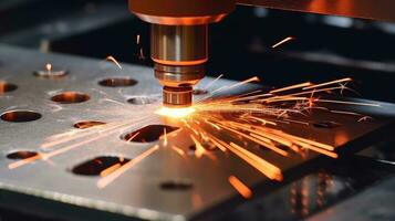 cnc Gas Schneiden Metall Blatt, wird bearbeitet und Laser- Schneiden zum Metall im das industriell. generativ ai foto