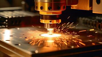 cnc Laser- Schneiden von Metall, das Laser- Optik und cnc Computer numerisch Steuerung sind benutzt zu Direkte das Material oder das Laser- Strahl generiert im das industriell. generativ ai foto