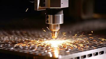 cnc Laser- Schneiden von Metall, das Laser- Optik und cnc Computer numerisch Steuerung sind benutzt zu Direkte das Material oder das Laser- Strahl generiert im das industriell. generativ ai foto