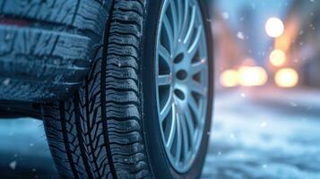 schließen oben von Auto Reifen im Winter auf das Straße bedeckt mit Schnee. Winter Reifen. generativ ai foto