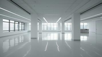 leeren Büro, modern korporativ öffnen Büro im minimalistisch modern Design im Weiße und Grautöne. generativ ai foto