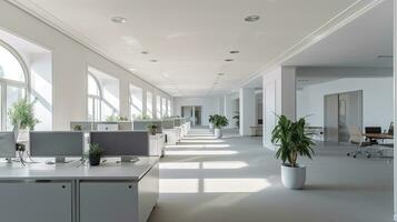 leeren Büro, modern korporativ öffnen Büro im minimalistisch modern Design im Weiße und Grautöne. generativ ai foto