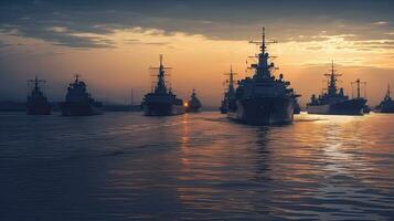 Schlachtschiffe im das Marine, Militär- beim Meer. generativ ai foto