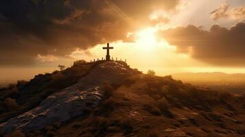 Apokalypse, heilig Kreuz mit das Himmel über Golgatha Hügel bedeckt mit Licht und Wolken. generativ ai foto