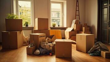 Karton Kisten und Reinigung Dinge zum ziehen um in ein Neu heim. Bewegung Zuhause Konzept. generativ ai foto