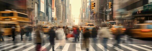 verschwommen beschäftigt Straße Szene mit Menschenmassen von Menschen Gehen über ein Überschneidung im Neu York Stadt. generativ ai foto