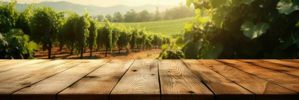 leeren Holz Tabelle oben mit auf verschwommen Weinberg Landschaft Hintergrund. generativ ai foto