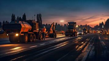 Asphalt, Straße Walzen Arbeiten auf das Neu Straße Konstruktion Seite? ˅. generativ ai foto