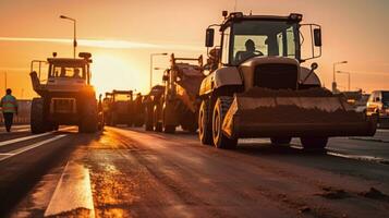 Asphalt Straße Konstruktion. Straße Arbeitskräfte und Konstruktion Maschinen auf das Konstruktion Seite? ˅. generativ ai foto