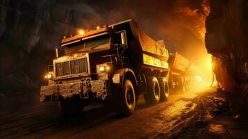 groß Steinbruch Dump LKW im Kohle Bergwerk beim Nacht. Wird geladen Kohle in Körper Arbeit LKW. generativ ai foto