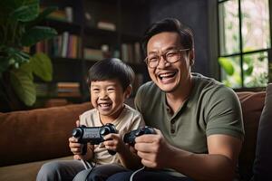 asiatisch Vater und Sohn spielen Video Spiele, Teilen Spaß, Liebe, und Zusammengehörigkeit. generativ ai foto