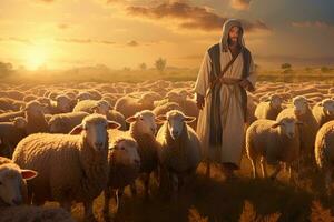 ein Bibel Jesus Schäfer mit seine Herde von Schaf während Sonnenuntergang. generativ ai foto