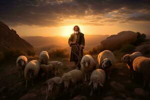 ein Bibel Jesus Schäfer mit seine Herde von Schaf während Sonnenuntergang. generativ ai foto