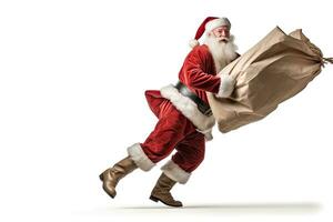 Weihnachten Tag, Santa claus mit ein enorm Tasche auf das Lauf zu Lieferung Weihnachten Geschenke isoliert auf Weiß Hintergrund . generieren ai foto