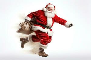 Weihnachten Tag, Santa claus mit ein enorm Tasche auf das Lauf zu Lieferung Weihnachten Geschenke isoliert auf Weiß Hintergrund . generieren ai foto