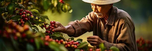 Vietnamesisch Bauern pflücken Arabica Kaffee Beeren Robusta durch Hand. generativ ai foto