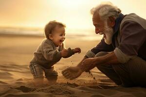 glücklich Großvater spielen mit Enkel auf Strand. generieren ai foto