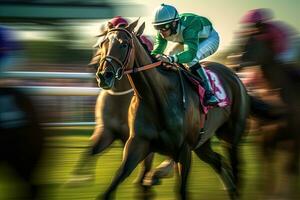 Rennen Pferde, Rennen Pferde mit Jockeys mit Bewegung verwischen. jockey zum das Sieg im das Rennbahn. generativ ai foto