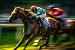 Rennen Pferde, Rennen Pferde mit Jockeys mit Bewegung verwischen. jockey zum das Sieg im das Rennbahn. generativ ai foto