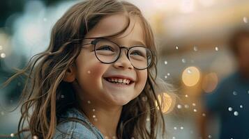 glücklich zufrieden Mädchen tragen Brille Porträt außen. generativ ai foto