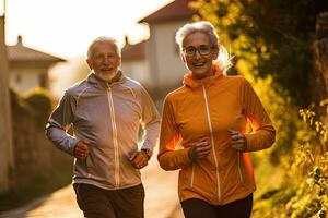 ein Paar von Senior Betrieb, glücklich Paar von Senior Joggen im das Morgen. generativ ai foto