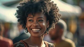 glücklich zufrieden schwarz Menschen Frau Porträt außen. generativ ai foto