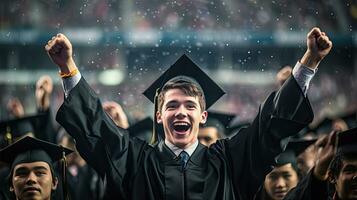 ein jung Mann Schüler Hände oben feiern Universität Absolvent. generativ ai foto