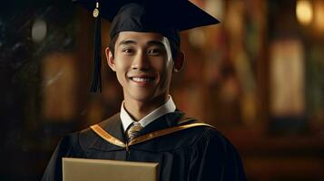 asiatisch Schüler im akademisch Kleid und Abschluss Deckel halten Diplom. generativ ai foto
