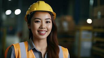 ein schön lächelnd auf Kamera asiatisch weiblich Ingenieur im Sicherheit Weste und Bauarbeiterhelm. Fachmann asiatisch Frau Arbeiten im das modern Herstellung Fabrik. generativ ai foto